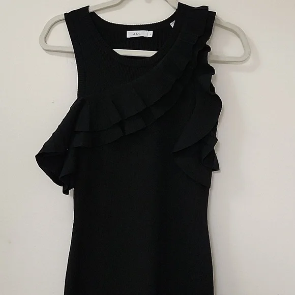 ALC Kellam Black Ribbed Cold Shoulder Ruffle Trim Stretch Knit Midi Dress Large - Picture 8 of 16
